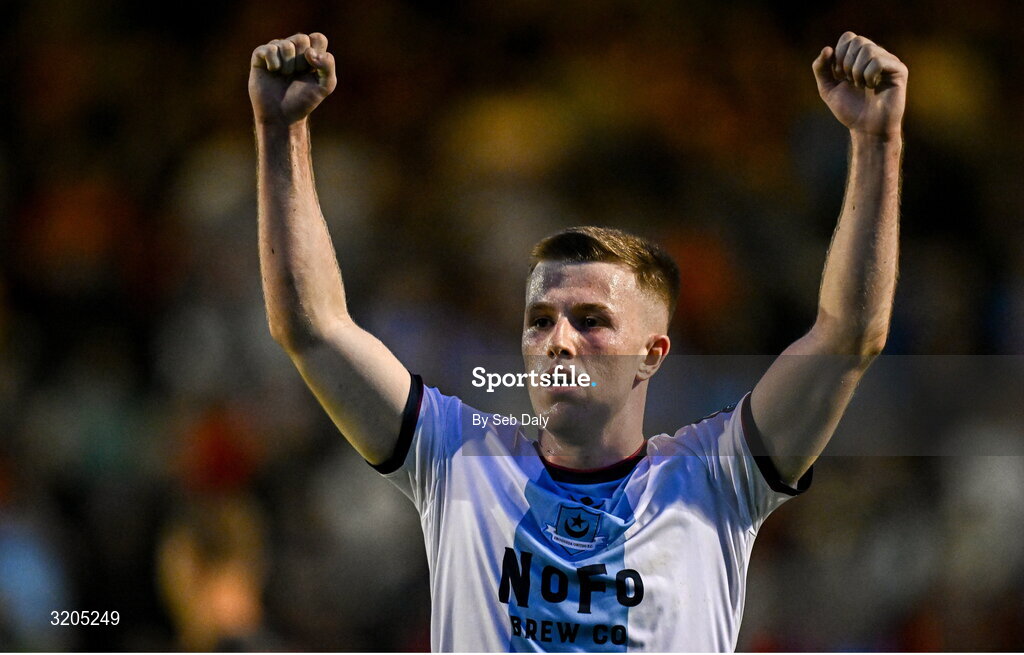 1 August 2025; Warren Davis of Drogheda United celebrates after the SSE Airtricity Men's Premier Division match between Bohemians and Drogheda United at Dalymount Park in Dublin. Photo by Seb Daly/Sportsfile