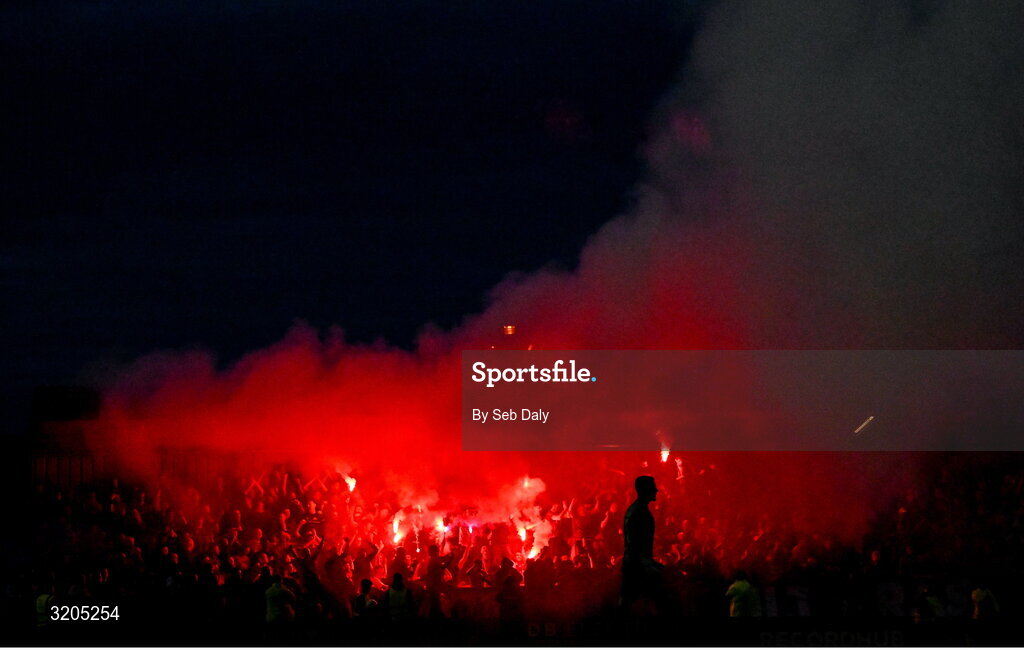 1 August 2025; Drogheda United supporters during the SSE Airtricity Men's Premier Division match between Bohemians and Drogheda United at Dalymount Park in Dublin. Photo by Seb Daly/Sportsfile