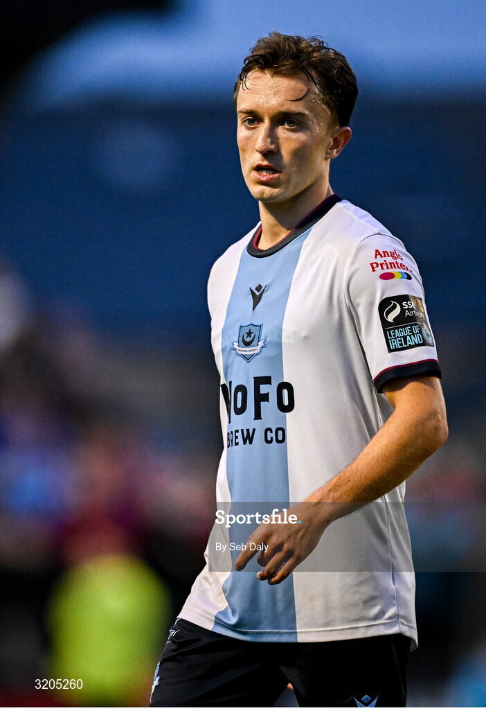 1 August 2025; Darragh Markey of Drogheda United during the SSE Airtricity Men's Premier Division match between Bohemians and Drogheda United at Dalymount Park in Dublin. Photo by Seb Daly/Sportsfile