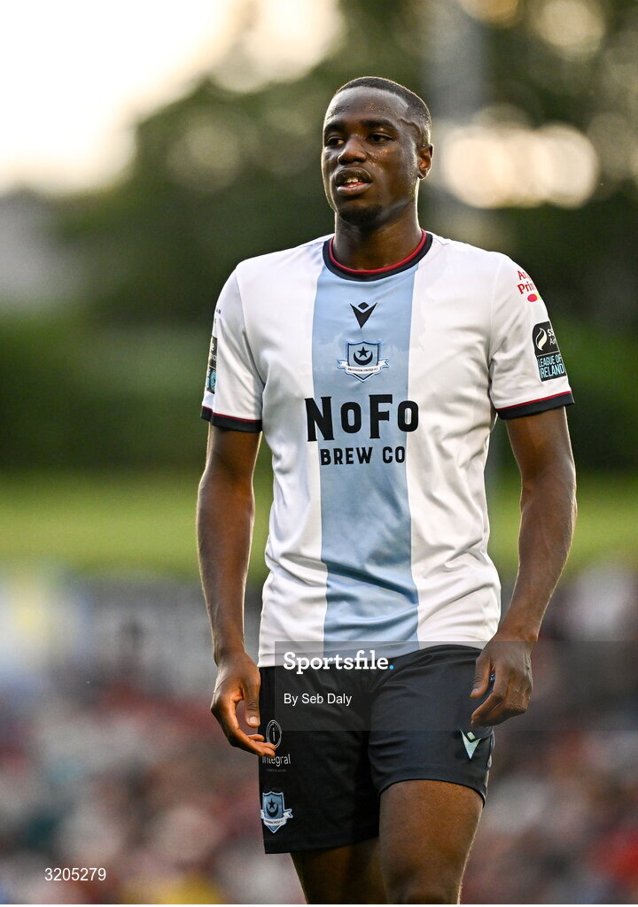 1 August 2025; Fuhad Kareem of Drogheda United during the SSE Airtricity Men's Premier Division match between Bohemians and Drogheda United at Dalymount Park in Dublin. Photo by Seb Daly/Sportsfile