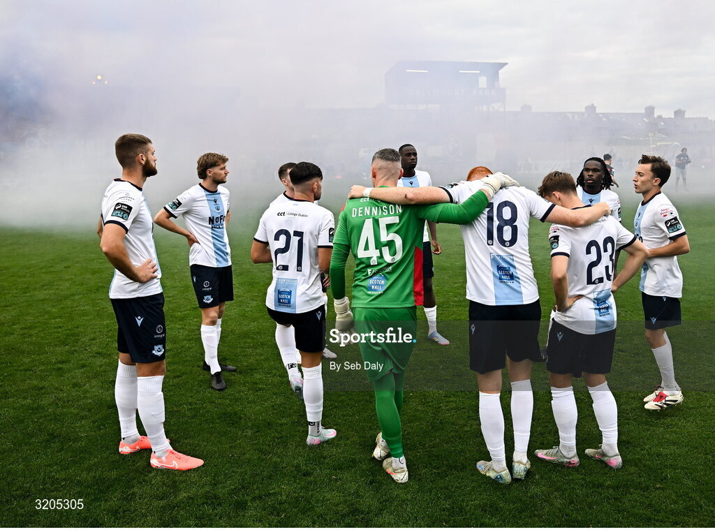 1 August 2025; Drogheda United players before the SSE Airtricity Men's Premier Division match between Bohemians and Drogheda United at Dalymount Park in Dublin. Photo by Seb Daly/Sportsfile