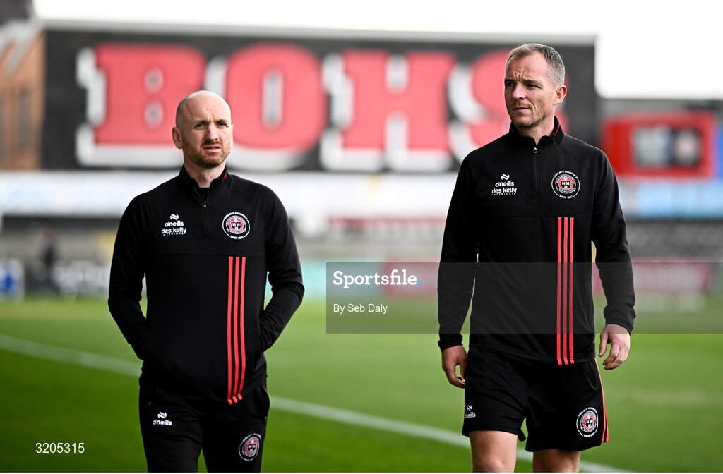 1 August 2025; Bohemians assistant manager Stephen O'Donnell, left, and first team coach Derek Pender before the SSE Airtricity Men's Premier Division match between Bohemians and Drogheda United at Dalymount Park in Dublin. Photo by Seb Daly/Sportsfile