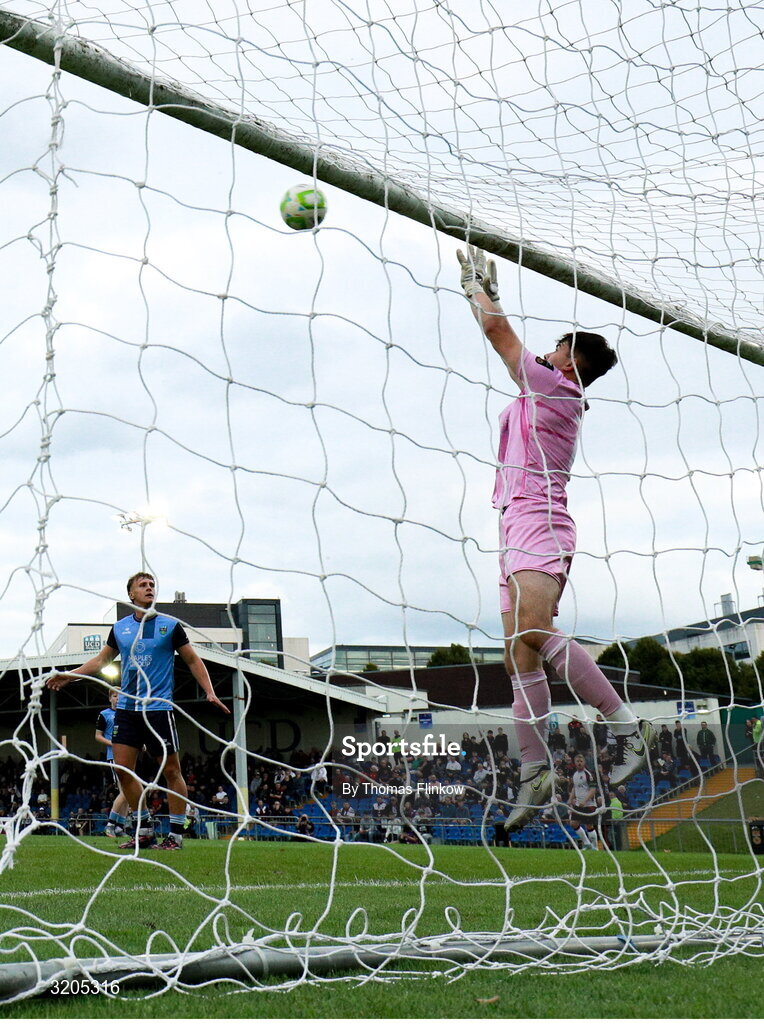1 August 2025; UCD goalkeeper Dara Kavanagh makes a save during the SSE Airtricity Men's First Division match between UCD and Dundalk at UCD Bowl in Belfield, Dublin. Photo by Thomas Flinkow/Sportsfile