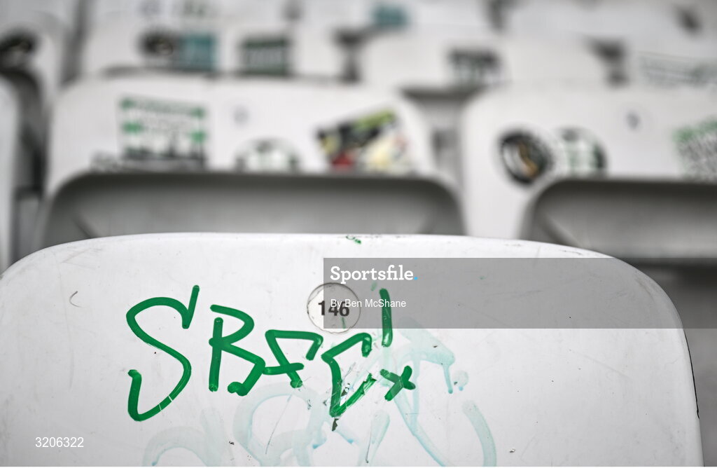 3 August 2025; A Shamrock Rovers graffiti tag is seen on the seating in Tallaght Stadium before the SSE Airtricity Men's Premier Division match between Shamrock Rovers and Derry City at Tallaght Stadium in Dublin.  Photo by Ben McShane/Sportsfile