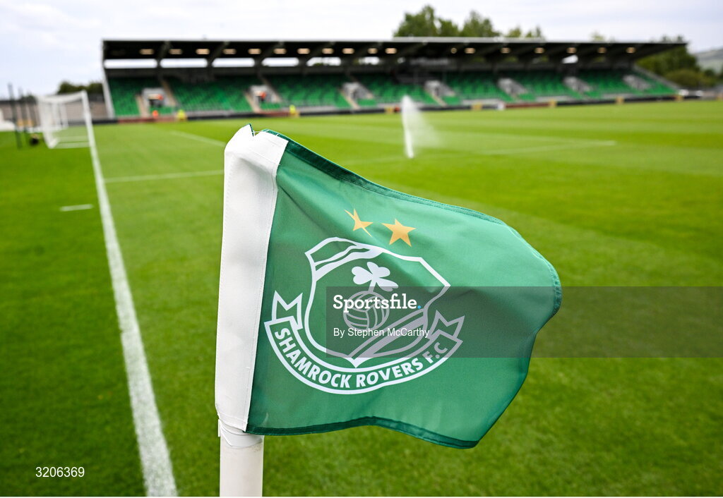 3 August 2025; A Shamrock Rovers corner flag before the SSE Airtricity Men's Premier Division match between Shamrock Rovers and Derry City at Tallaght Stadium in Dublin.  Photo by Stephen McCarthy/Sportsfile