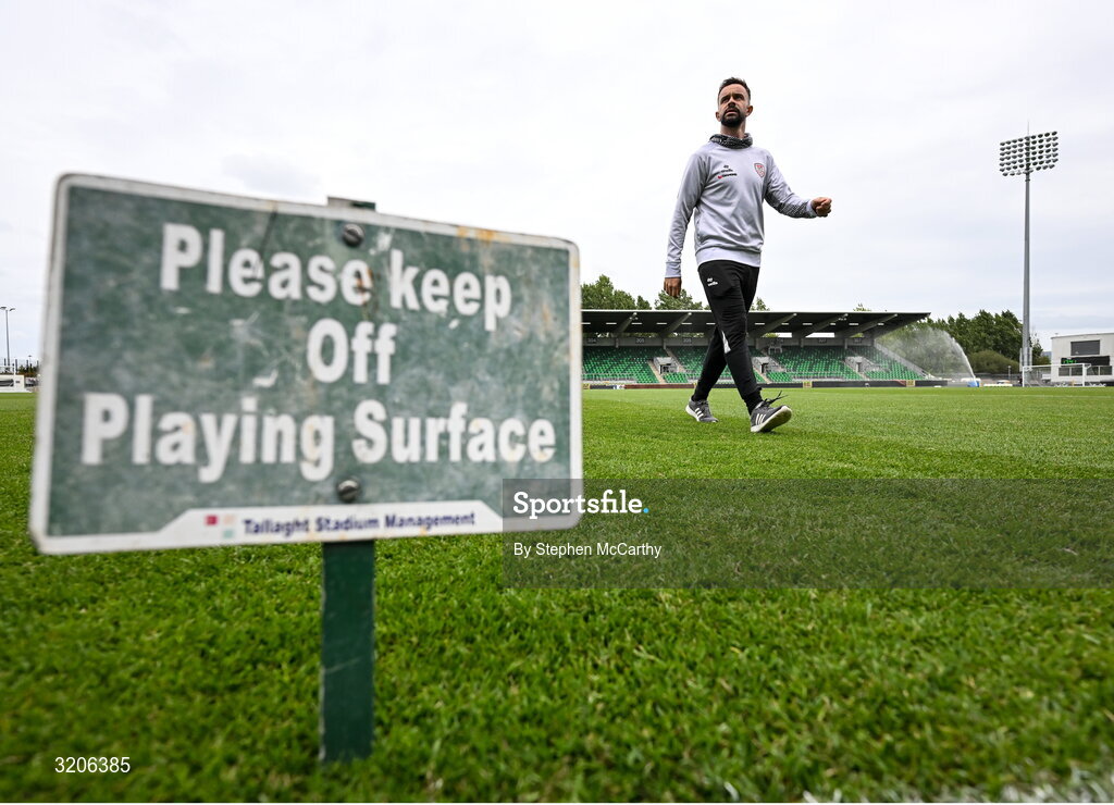 3 August 2025; Robbie Benson of Derry City before the SSE Airtricity Men's Premier Division match between Shamrock Rovers and Derry City at Tallaght Stadium in Dublin.  Photo by Stephen McCarthy/Sportsfile