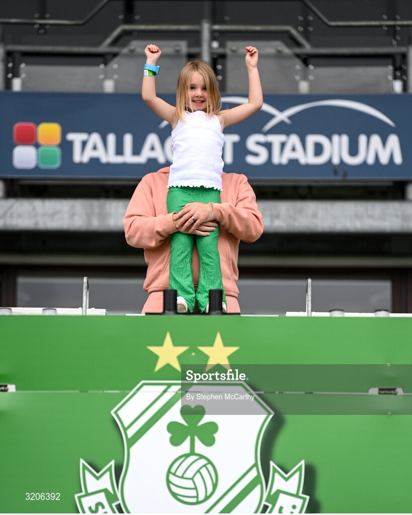 3 August 2025; Shamrock Rovers supporters Bella and Robert McAnaspie before the SSE Airtricity Men's Premier Division match between Shamrock Rovers and Derry City at Tallaght Stadium in Dublin.  Photo by Stephen McCarthy/Sportsfile