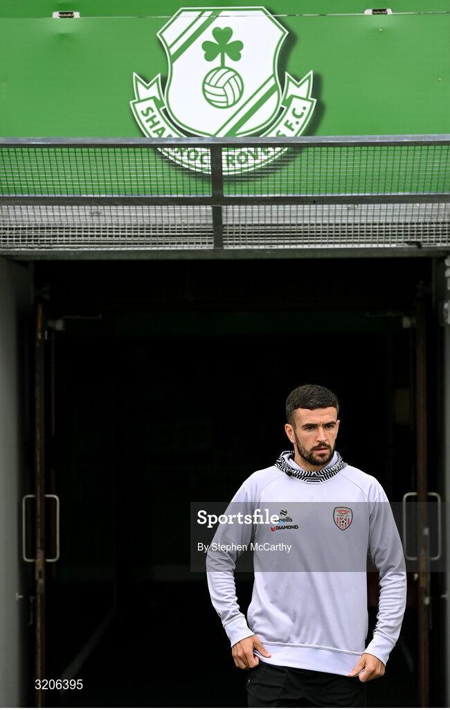 3 August 2025; Michael Duffy of Derry City before the SSE Airtricity Men's Premier Division match between Shamrock Rovers and Derry City at Tallaght Stadium in Dublin.  Photo by Stephen McCarthy/Sportsfile