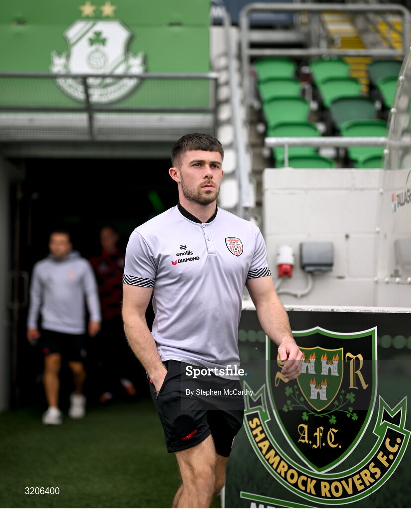 3 August 2025; Adam O'Reilly of Derry City before the SSE Airtricity Men's Premier Division match between Shamrock Rovers and Derry City at Tallaght Stadium in Dublin.  Photo by Stephen McCarthy/Sportsfile