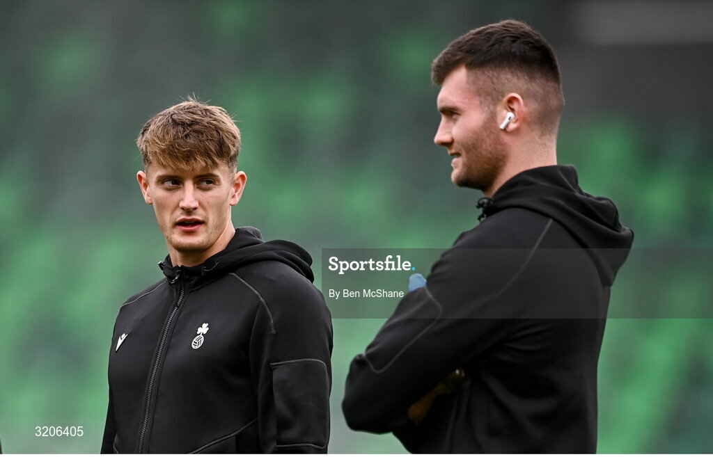3 August 2025; John McGovern, left, and Josh Honohan of Shamrock Rovers before the SSE Airtricity Men's Premier Division match between Shamrock Rovers and Derry City at Tallaght Stadium in Dublin.  Photo by Ben McShane/Sportsfile