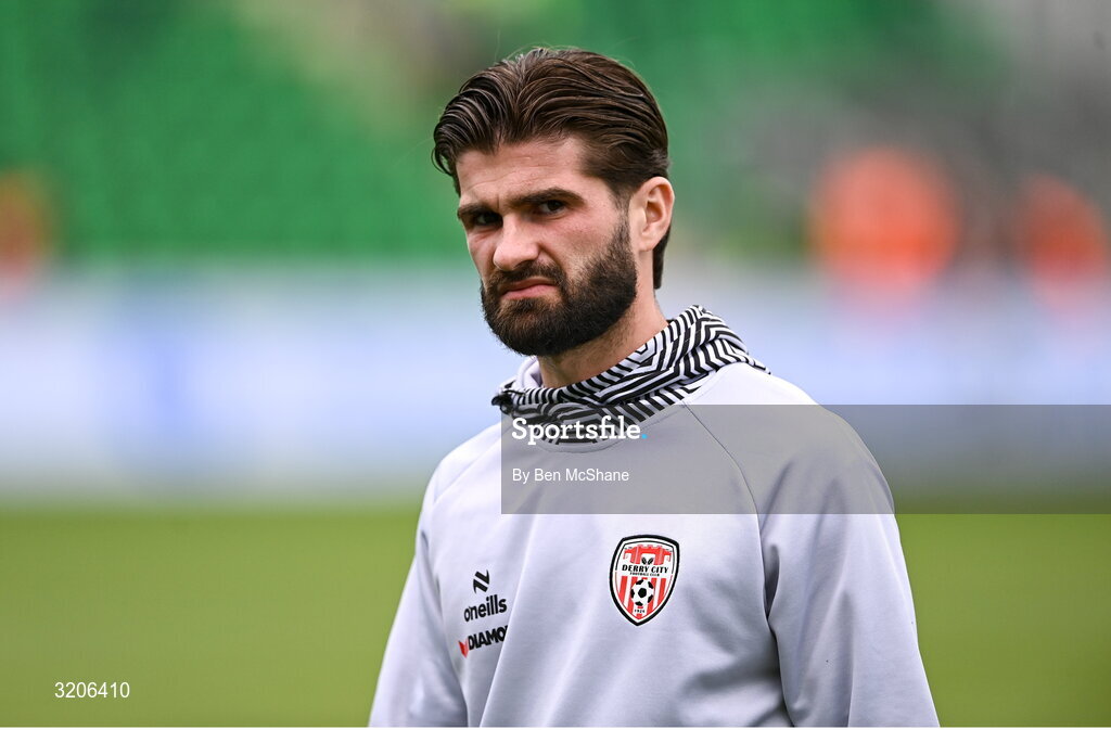 3 August 2025; Brandon Fleming of Derry City before the SSE Airtricity Men's Premier Division match between Shamrock Rovers and Derry City at Tallaght Stadium in Dublin.  Photo by Ben McShane/Sportsfile