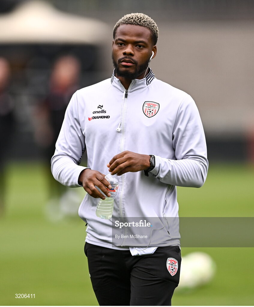 3 August 2025; Dipo Akinyemi of Derry City before the SSE Airtricity Men's Premier Division match between Shamrock Rovers and Derry City at Tallaght Stadium in Dublin.  Photo by Ben McShane/Sportsfile