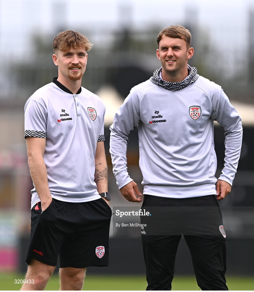 3 August 2025; Alex Bannon, left, and Jamie Stott of Derry City before the SSE Airtricity Men's Premier Division match between Shamrock Rovers and Derry City at Tallaght Stadium in Dublin.  Photo by Ben McShane/Sportsfile
