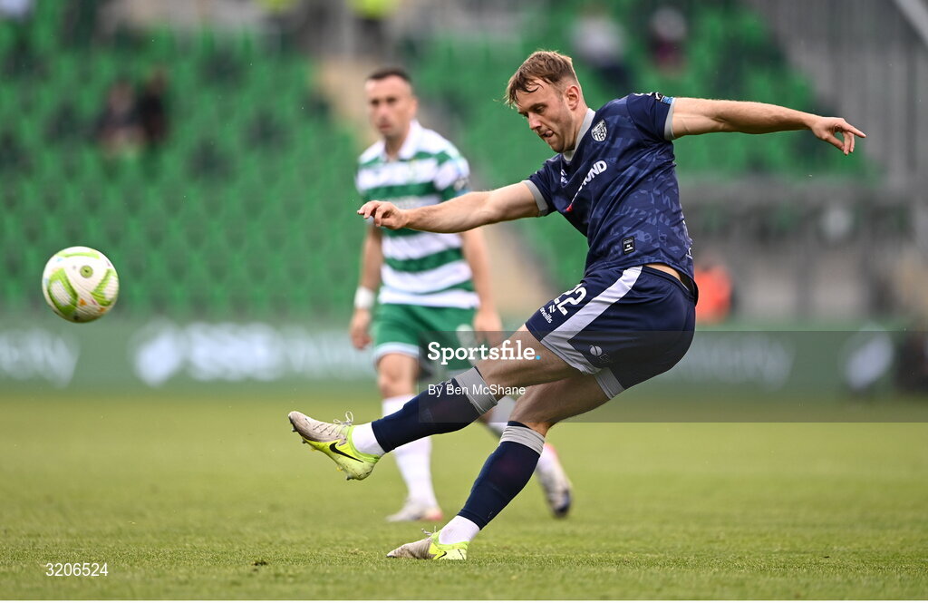 3 August 2025; Jamie Stott of Derry City during the SSE Airtricity Men's Premier Division match between Shamrock Rovers and Derry City at Tallaght Stadium in Dublin.  Photo by Ben McShane/Sportsfile