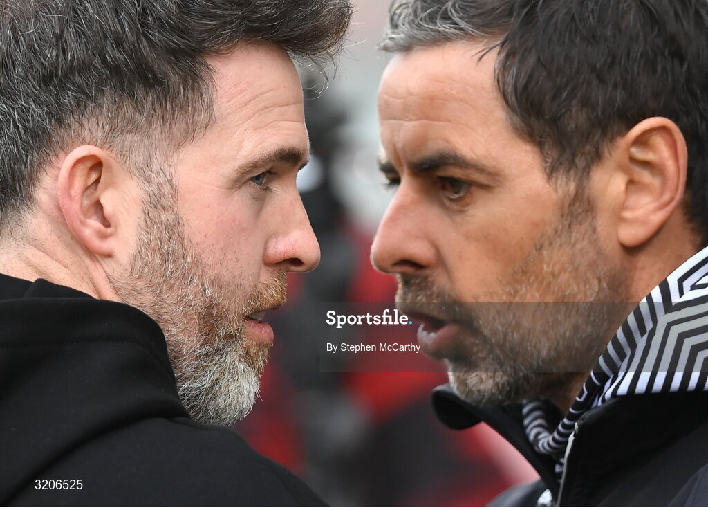 3 August 2025; Shamrock Rovers manager Stephen Bradley and Derry City manager Tiernan Lynch before the SSE Airtricity Men's Premier Division match between Shamrock Rovers and Derry City at Tallaght Stadium in Dublin.  Photo by Stephen McCarthy/Sportsfile