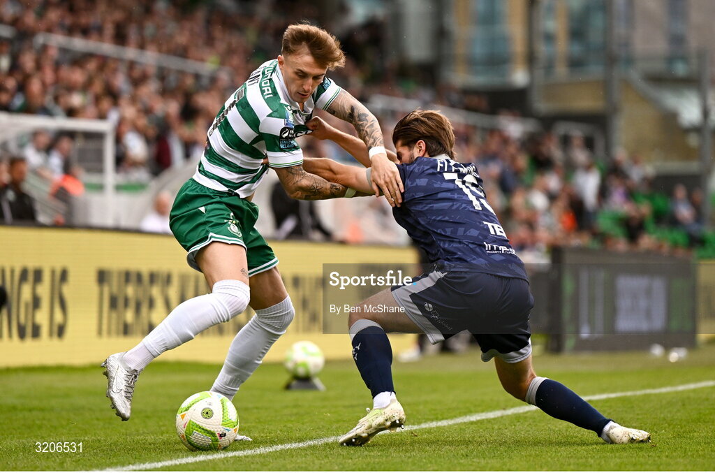 3 August 2025; Danny Grant of Shamrock Rovers in action against Brandon Fleming of Derry City during the SSE Airtricity Men's Premier Division match between Shamrock Rovers and Derry City at Tallaght Stadium in Dublin.  Photo by Ben McShane/Sportsfile