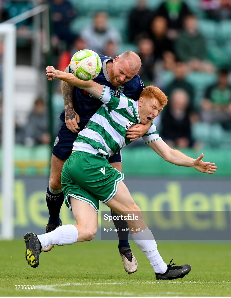 3 August 2025; Mark Connolly of Derry City in action against Rory Gaffney of Shamrock Rovers during the SSE Airtricity Men's Premier Division match between Shamrock Rovers and Derry City at Tallaght Stadium in Dublin.  Photo by Stephen McCarthy/Sportsfile