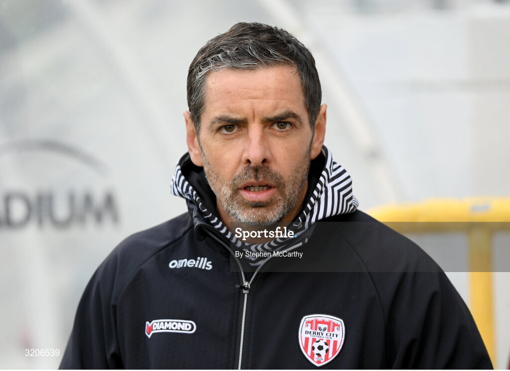 3 August 2025; Derry City manager Tiernan Lynch before the SSE Airtricity Men's Premier Division match between Shamrock Rovers and Derry City at Tallaght Stadium in Dublin.  Photo by Stephen McCarthy/Sportsfile