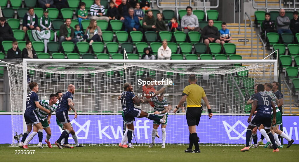 3 August 2025; Shamrock Rovers goalkeeper Ed McGinty makes a save during the SSE Airtricity Men's Premier Division match between Shamrock Rovers and Derry City at Tallaght Stadium in Dublin.  Photo by Ben McShane/Sportsfile