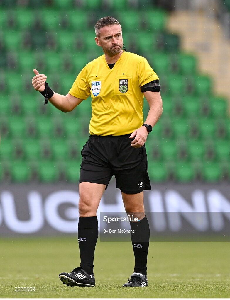 3 August 2025; Referee Paul McLaughlin during the SSE Airtricity Men's Premier Division match between Shamrock Rovers and Derry City at Tallaght Stadium in Dublin.  Photo by Ben McShane/Sportsfile