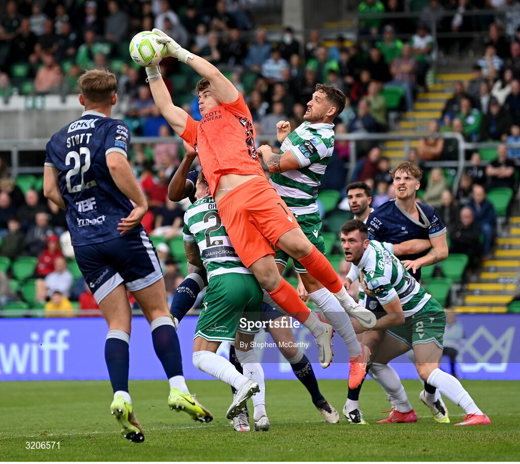 3 August 2025; Shamrock Rovers goalkeeper Ed McGinty makes a save during the SSE Airtricity Men's Premier Division match between Shamrock Rovers and Derry City at Tallaght Stadium in Dublin.  Photo by Stephen McCarthy/Sportsfile