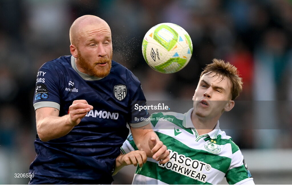3 August 2025; Liam Boyce of Derry City in action against Matt Healy of Shamrock Rovers during the SSE Airtricity Men's Premier Division match between Shamrock Rovers and Derry City at Tallaght Stadium in Dublin.  Photo by Stephen McCarthy/Sportsfile