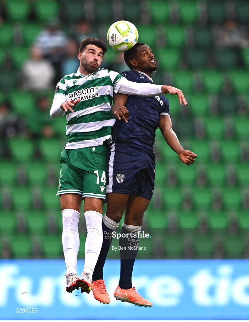 3 August 2025; Danny Mandroiu of Shamrock Rovers and Sadou Diallo of Derry City contest a header during the SSE Airtricity Men's Premier Division match between Shamrock Rovers and Derry City at Tallaght Stadium in Dublin.  Photo by Ben McShane/Sportsfile