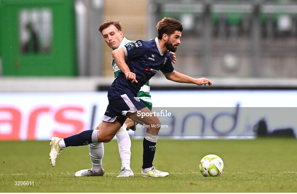 3 August 2025; Brandon Fleming of Derry City in action against Danny Grant of Shamrock Rovers during the SSE Airtricity Men's Premier Division match between Shamrock Rovers and Derry City at Tallaght Stadium in Dublin.  Photo by Ben McShane/Sportsfile