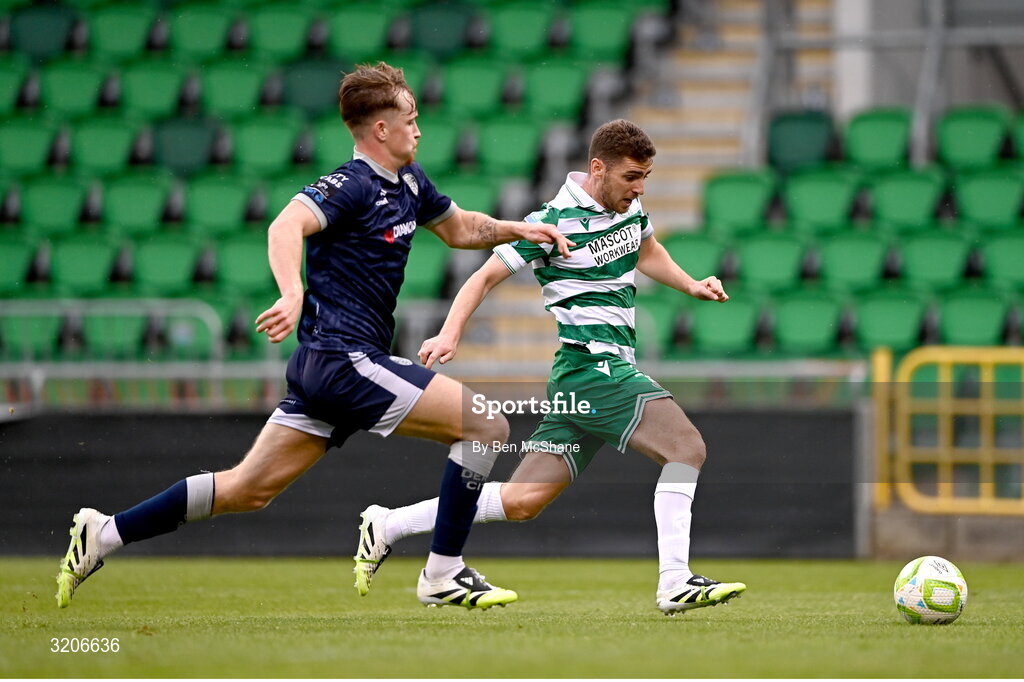 3 August 2025; Dylan Watts of Shamrock Rovers in action against Alex Bannon of Derry City during the SSE Airtricity Men's Premier Division match between Shamrock Rovers and Derry City at Tallaght Stadium in Dublin.  Photo by Ben McShane/Sportsfile