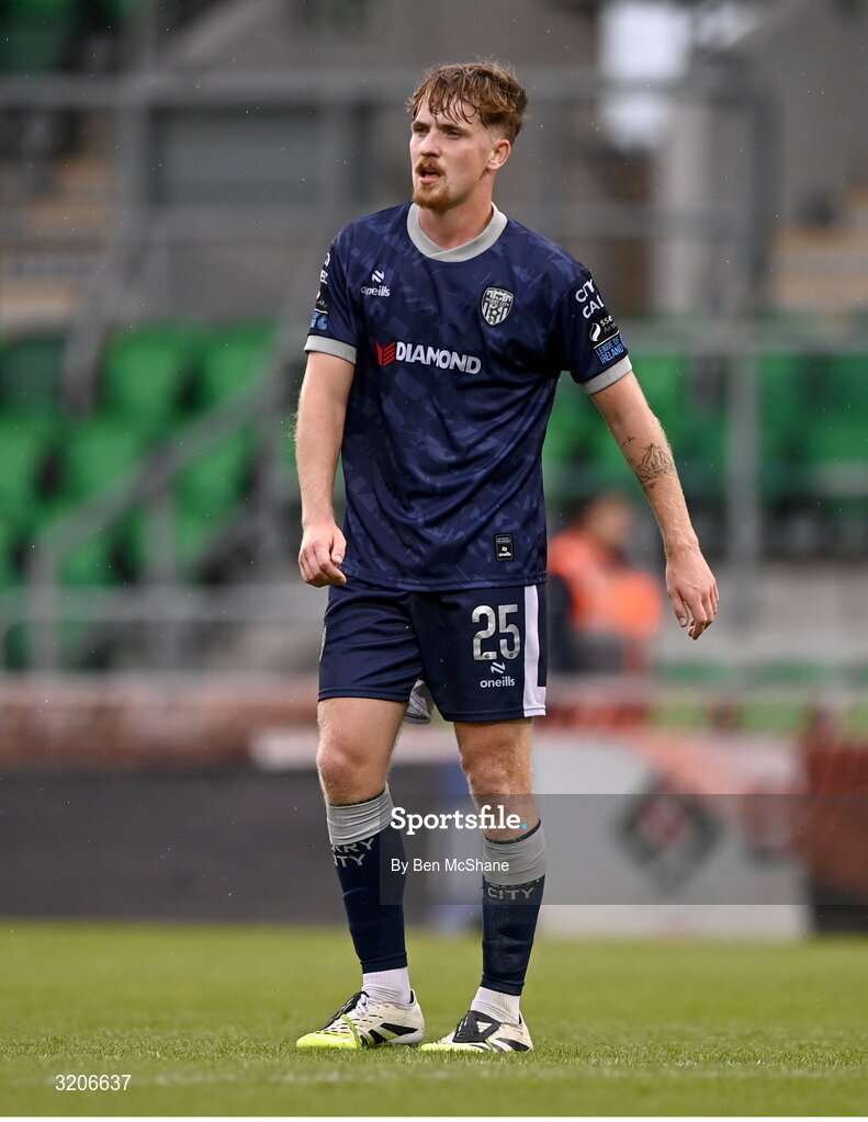 3 August 2025; Alex Bannon of Derry City during the SSE Airtricity Men's Premier Division match between Shamrock Rovers and Derry City at Tallaght Stadium in Dublin.  Photo by Ben McShane/Sportsfile