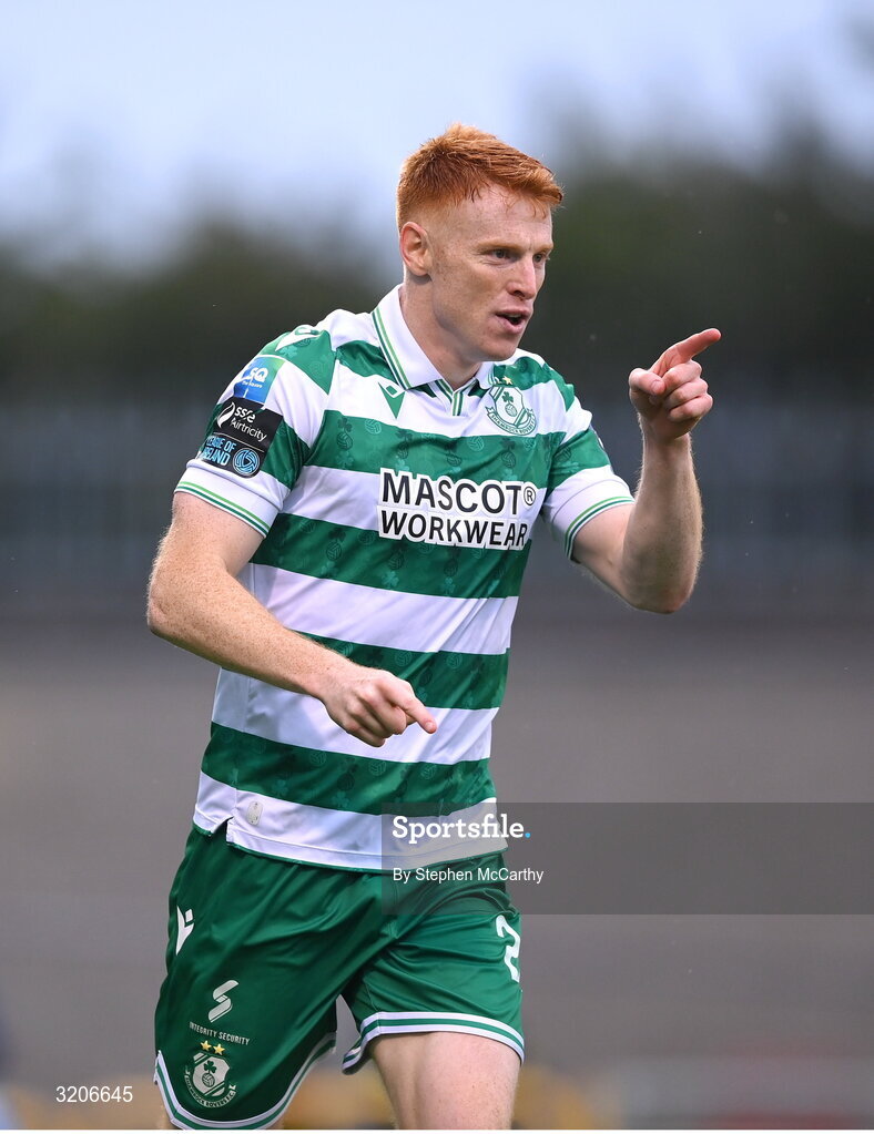 3 August 2025; Rory Gaffney of Shamrock Rovers celebrates after scoring his side's first goal during the SSE Airtricity Men's Premier Division match between Shamrock Rovers and Derry City at Tallaght Stadium in Dublin.  Photo by Stephen McCarthy/Sportsfile