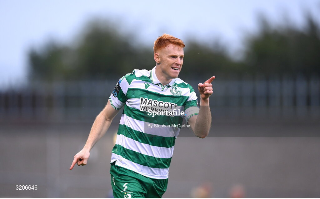 3 August 2025; Rory Gaffney of Shamrock Rovers celebrates after scoring his side's first goal during the SSE Airtricity Men's Premier Division match between Shamrock Rovers and Derry City at Tallaght Stadium in Dublin.  Photo by Stephen McCarthy/Sportsfile