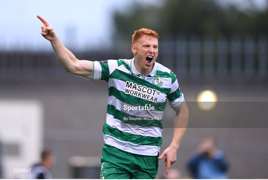3 August 2025; Rory Gaffney of Shamrock Rovers celebrates after scoring his side's first goal during the SSE Airtricity Men's Premier Division match between Shamrock Rovers and Derry City at Tallaght Stadium in Dublin.  Photo by Stephen McCarthy/Sportsfile