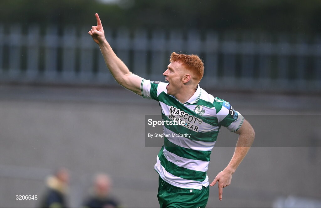 3 August 2025; Rory Gaffney of Shamrock Rovers celebrates after scoring his side's first  goal during the SSE Airtricity Men's Premier Division match between Shamrock Rovers and Derry City at Tallaght Stadium in Dublin.  Photo by Stephen McCarthy/Sportsfile