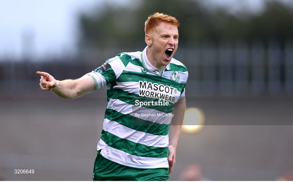 3 August 2025; Rory Gaffney of Shamrock Rovers celebrates after scoring his side's first  goal during the SSE Airtricity Men's Premier Division match between Shamrock Rovers and Derry City at Tallaght Stadium in Dublin.  Photo by Stephen McCarthy/Sportsfile