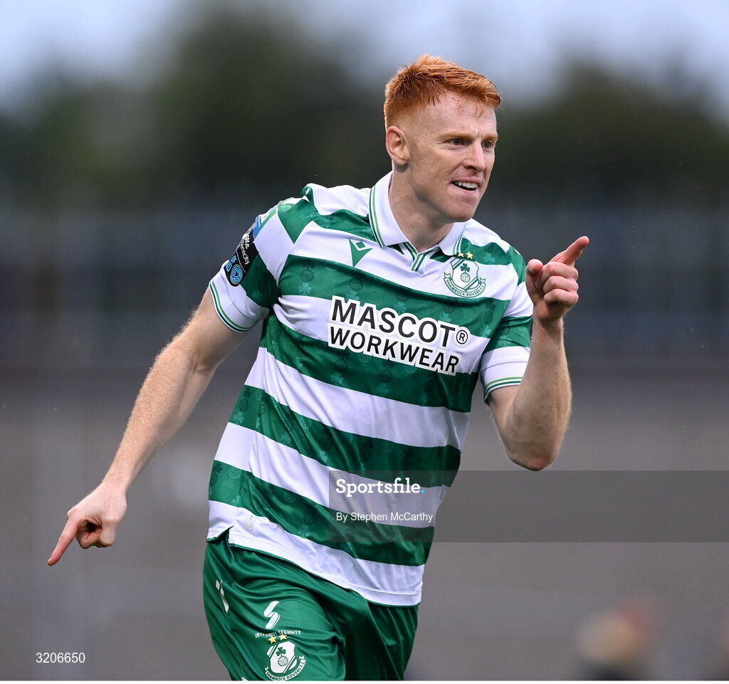 3 August 2025; Rory Gaffney of Shamrock Rovers celebrates after scoring his side's first  goal during the SSE Airtricity Men's Premier Division match between Shamrock Rovers and Derry City at Tallaght Stadium in Dublin.  Photo by Stephen McCarthy/Sportsfile