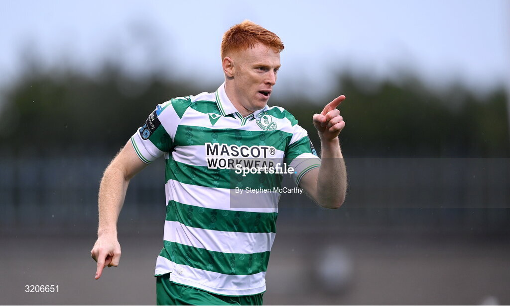 3 August 2025; Rory Gaffney of Shamrock Rovers celebrates after scoring his side's first  goal during the SSE Airtricity Men's Premier Division match between Shamrock Rovers and Derry City at Tallaght Stadium in Dublin.  Photo by Stephen McCarthy/Sportsfile