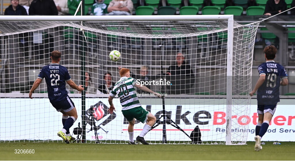 3 August 2025; Rory Gaffney of Shamrock Rovers scores his side's first goal during the SSE Airtricity Men's Premier Division match between Shamrock Rovers and Derry City at Tallaght Stadium in Dublin.  Photo by Ben McShane/Sportsfile
