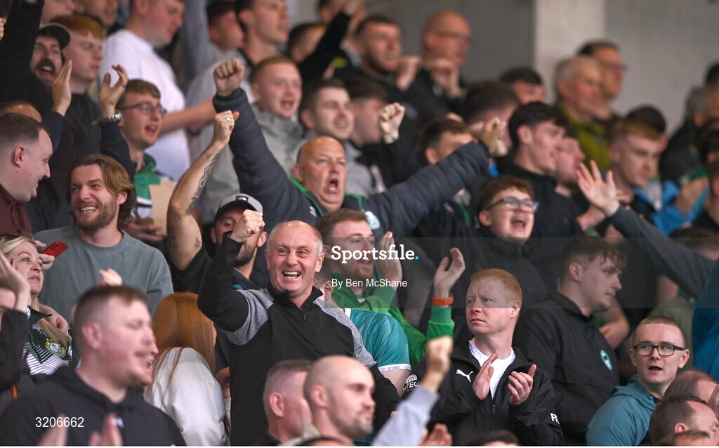 3 August 2025; Shamrock Rovers supporters celebrate their first goal, scored by Rory Gaffney, not pictured, during the SSE Airtricity Men's Premier Division match between Shamrock Rovers and Derry City at Tallaght Stadium in Dublin.  Photo by Ben McShane/Sportsfile