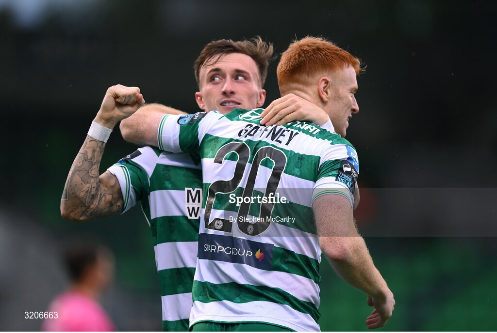 3 August 2025; Rory Gaffney of Shamrock Rovers celebrates with team-mate Danny Grant, left, after scoring their side's first goal during the SSE Airtricity Men's Premier Division match between Shamrock Rovers and Derry City at Tallaght Stadium in Dublin.  Photo by Stephen McCarthy/Sportsfile