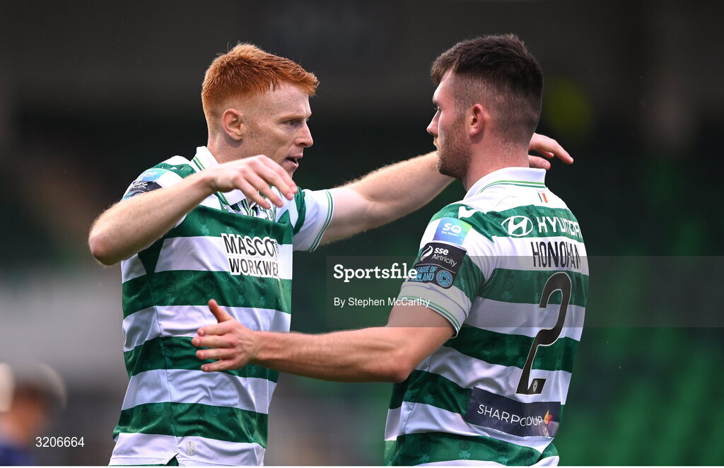 3 August 2025; Rory Gaffney of Shamrock Rovers celebrates with team-mate Josh Honohan, right, after scoring their side's first goal during the SSE Airtricity Men's Premier Division match between Shamrock Rovers and Derry City at Tallaght Stadium in Dublin.  Photo by Stephen McCarthy/Sportsfile