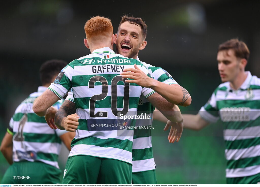 3 August 2025; Rory Gaffney of Shamrock Rovers celebrates with team-mate Lee Grace, right, after scoring their side's first goal during the SSE Airtricity Men's Premier Division match between Shamrock Rovers and Derry City at Tallaght Stadium in Dublin.  Photo by Stephen McCarthy/Sportsfile