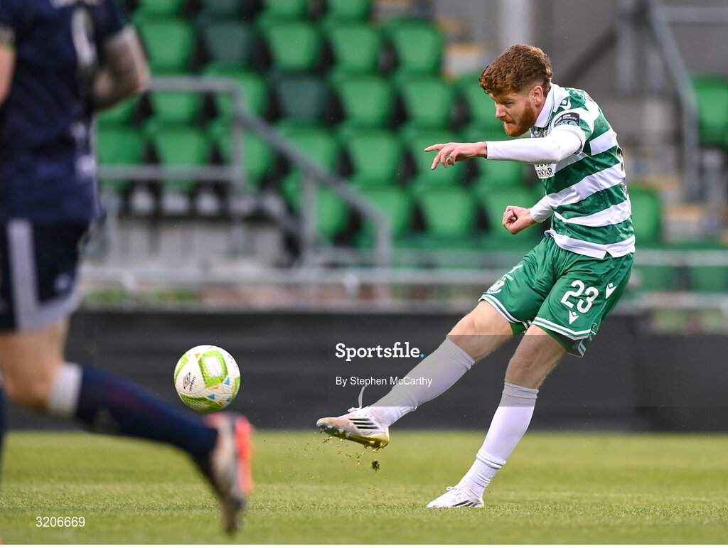 3 August 2025; Connor Malley of Shamrock Rovers has a shot on goal during the SSE Airtricity Men's Premier Division match between Shamrock Rovers and Derry City at Tallaght Stadium in Dublin.  Photo by Stephen McCarthy/Sportsfile