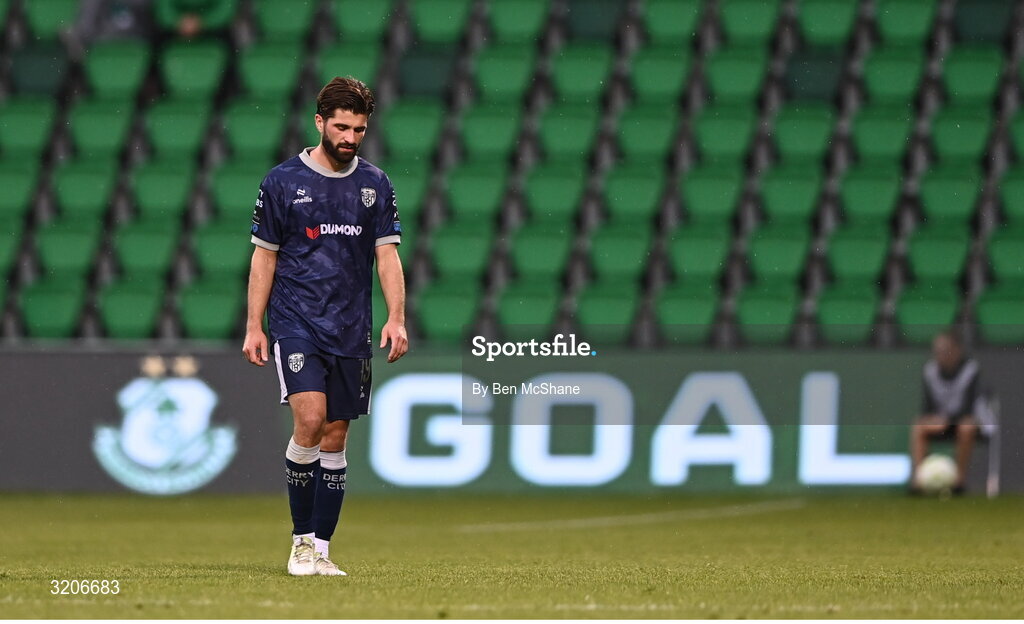 3 August 2025; Brandon Fleming of Derry City reacts after his side concede a second goal during the SSE Airtricity Men's Premier Division match between Shamrock Rovers and Derry City at Tallaght Stadium in Dublin.  Photo by Ben McShane/Sportsfile