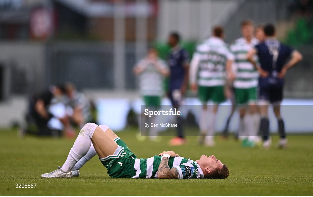 3 August 2025; Danny Grant of Shamrock Rovers reacts after sustaining an injury during the SSE Airtricity Men's Premier Division match between Shamrock Rovers and Derry City at Tallaght Stadium in Dublin.  Photo by Ben McShane/Sportsfile