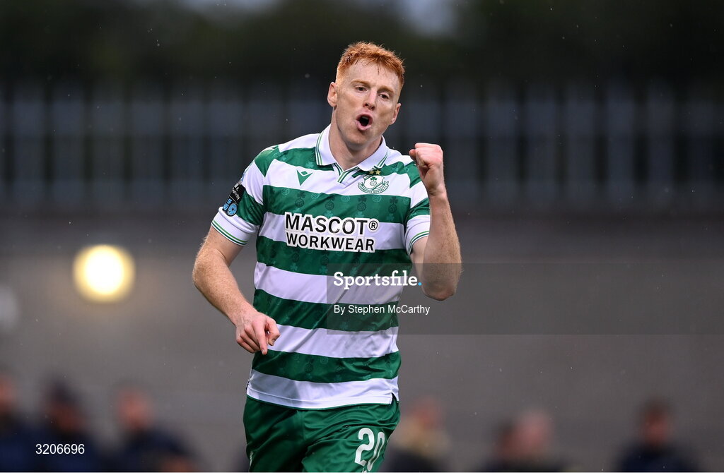 3 August 2025; Rory Gaffney of Shamrock Rovers celebrates after scoring his side's second goal during the SSE Airtricity Men's Premier Division match between Shamrock Rovers and Derry City at Tallaght Stadium in Dublin.  Photo by Stephen McCarthy/Sportsfile
