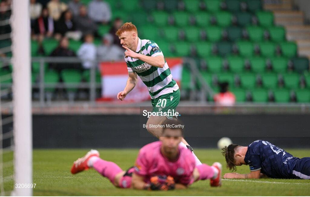 3 August 2025; Rory Gaffney of Shamrock Rovers celebrates after scoring his side's second goal during the SSE Airtricity Men's Premier Division match between Shamrock Rovers and Derry City at Tallaght Stadium in Dublin.  Photo by Stephen McCarthy/Sportsfile
