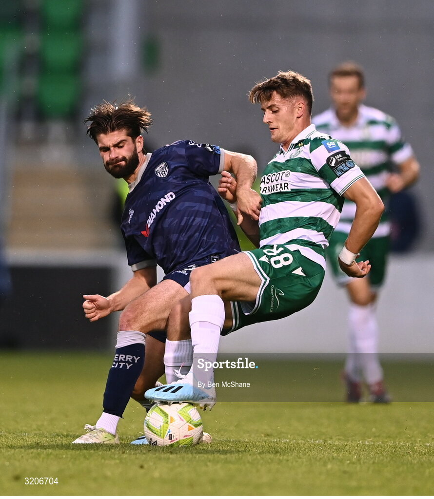 3 August 2025; John McGovern of Shamrock Rovers in action against Brandon Fleming of Derry City during the SSE Airtricity Men's Premier Division match between Shamrock Rovers and Derry City at Tallaght Stadium in Dublin.  Photo by Ben McShane/Sportsfile