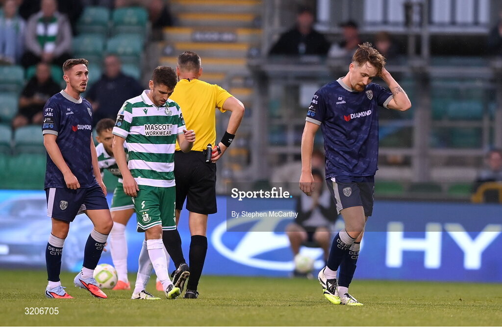 3 August 2025; Alex Bannon of Derry City after being sent off during the SSE Airtricity Men's Premier Division match between Shamrock Rovers and Derry City at Tallaght Stadium in Dublin.  Photo by Stephen McCarthy/Sportsfile