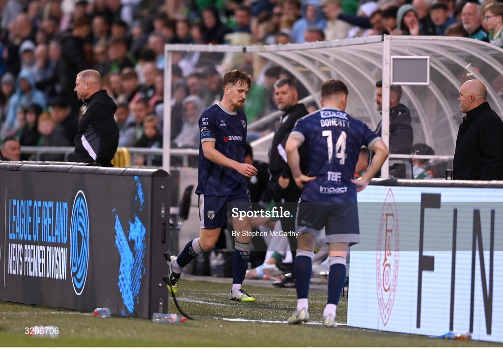 3 August 2025; Alex Bannon of Derry City after being sent off during the SSE Airtricity Men's Premier Division match between Shamrock Rovers and Derry City at Tallaght Stadium in Dublin.  Photo by Stephen McCarthy/Sportsfile